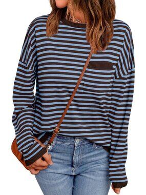 Womens Brown Striped Ribbed Cuff Oversized Crew Neck Long Sleeve Pullover Sweate